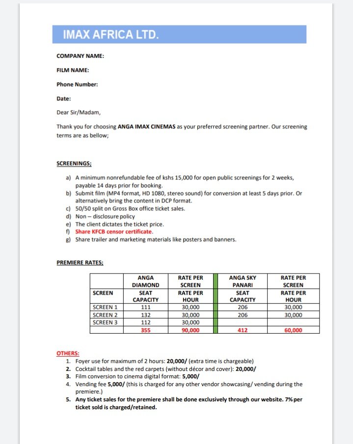 Topha_graphy's tweet photo. @imaxkenya @kenyafilmcomm @InfoKfcb  @TimothyOwase1 
ANGA IMAX'S cinema current rate card. Still in disbelief, I had a screening there last year - BLANDA 2nd screening.  Let's do some math now. Was intending to take all 3 halls for RED FLAG that's 180K (355 seats) Assuming 1/2 https://t.co/gqc0tuDJ90