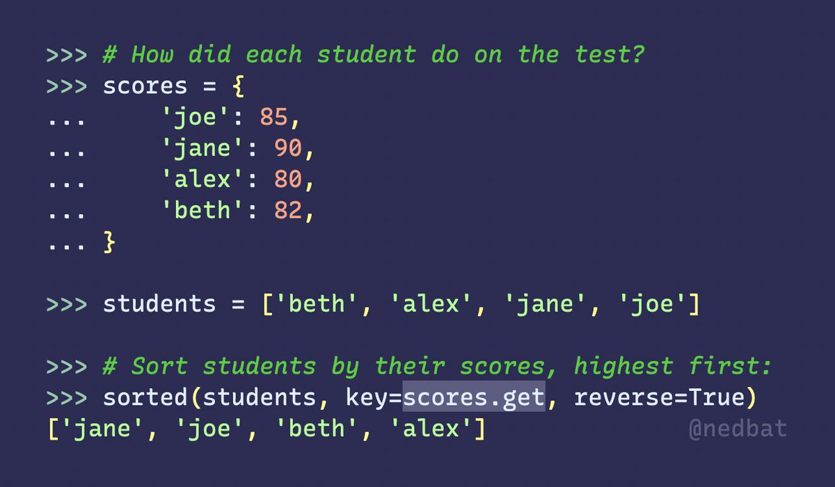 nedbat's tweet photo. With data in a #Python dict, you can use d.get as a function providing the same mapping: https://t.co/fOs6waf5Cl