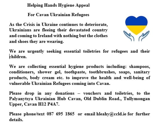 cavancoco's tweet photo. The Palyanytsya Ukrainian Hub is urgently seeking essential toiletries for refugees and their children. Donations can be dropped into The Palyanytsya Ukrainian Hub Cavan, Old Dublin Road, Tullymongan Upper, H12 P4A7. For further information, contact Hazel Leahy, at hleahy@ccld.ie https://t.co/bN0wuU9Yld