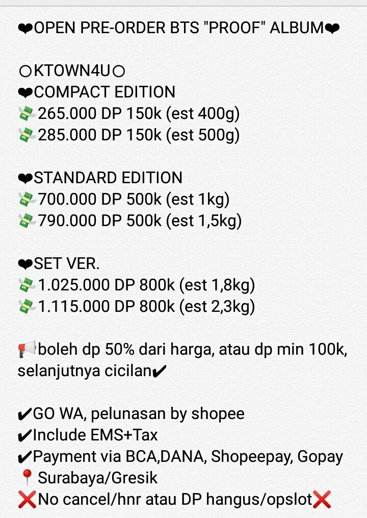 beliapaayaa's tweet photo. [HELP RT] juseyo☺
Bismillah
OPEN PO BTS Anthology Album “PROOF”💪✨

details on pict/krg jelas?dm ajaa
Buat yg mau dp 250k dulu buat standard/set boleh bgt tgl 1 slot
❌❌❌❌❌❌✅

Dp 100k buat ktown compact ed.
❌❌❌❌❌❌❌❌✅✅

✅low profit🫶, kalo ragu feel free to skip https://t.co/dmfkRipsOE