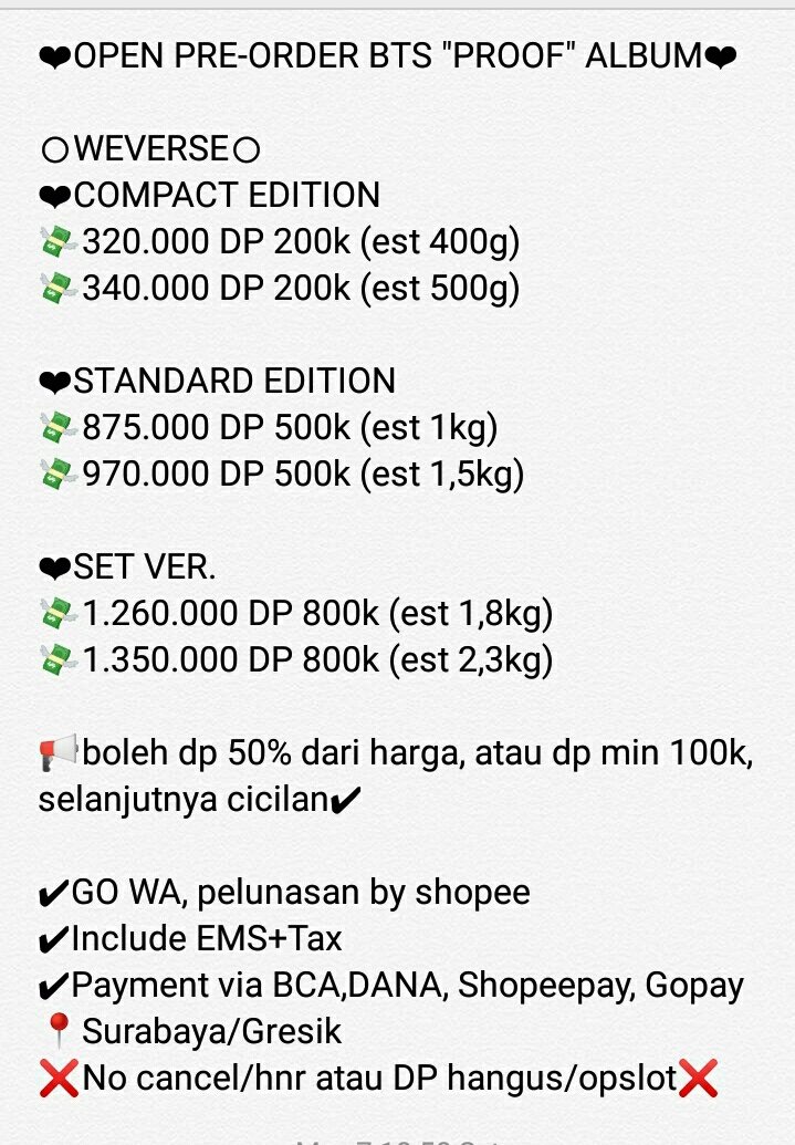 beliapaayaa's tweet photo. [HELP RT] juseyo☺
Bismillah
OPEN PO BTS Anthology Album “PROOF”💪✨

details on pict/krg jelas?dm ajaa
Buat yg mau dp 250k dulu buat standard/set boleh bgt tgl 1 slot
❌❌❌❌❌❌✅

Dp 100k buat ktown compact ed.
❌❌❌❌❌❌❌❌✅✅

✅low profit🫶, kalo ragu feel free to skip https://t.co/dmfkRipsOE