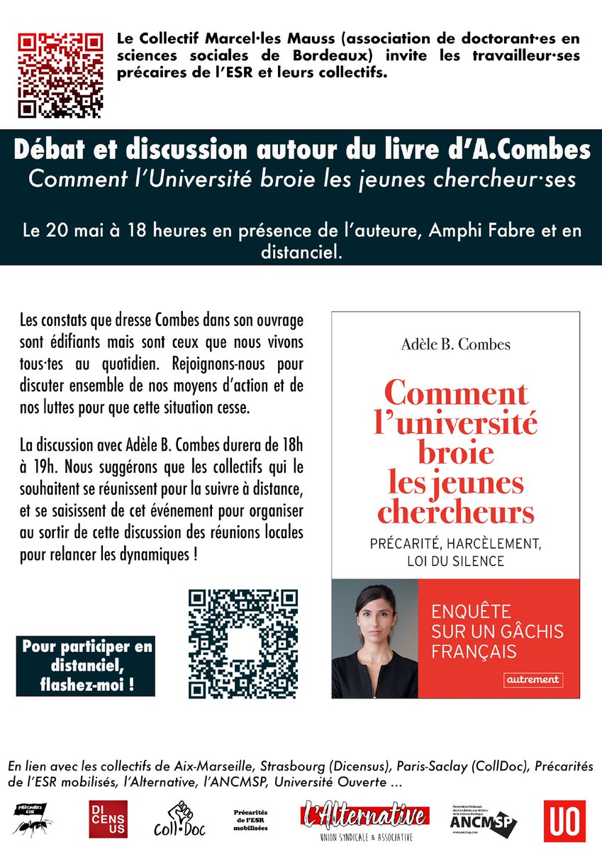 20/05, 18h - Comment s'organiser collectivement et lutter ensemble contre le harcèlement et pour que les conditions de travail des non-titulaires changent ? Réunion et discussions autour des conclusions du livre d'A.Combes (@Vies_de_these). Inscriptions et lien⬇️