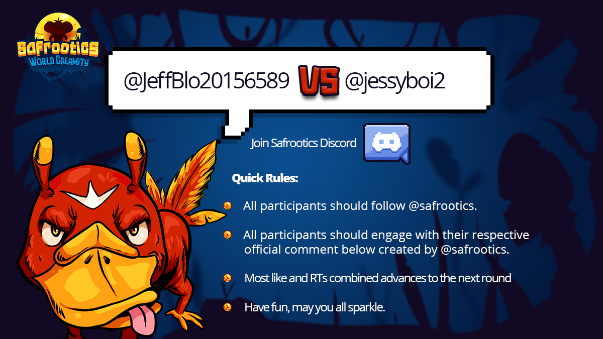 safrootics's tweet photo. @JeffBlo20156589  Vs @jessyboi2 
Each participant should find their respective comment below, bring your community and friends to help you engage with it.
May you all Sparkle and everyTING you wish for comes true✨
#NFTics #F2P2E #safrootics https://t.co/cTgC1aXEHM
