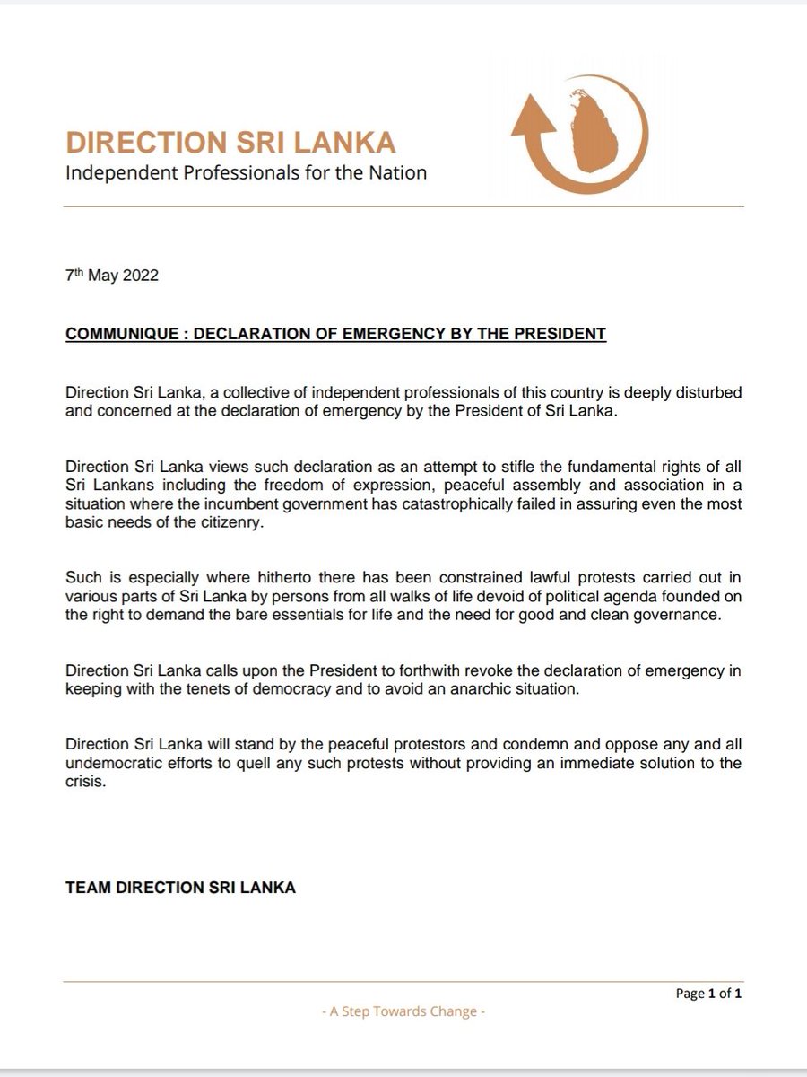 DirectionsSL's tweet photo. We call upon the president @GotabayaR to forthwith revoke the Decleration of Emergency in keeping with the tenants of Democracy and to avoid an anarchic situation. 
#ProfessionalsSL
#DirectionSriLanka2022 https://t.co/dwpTLeY4DU