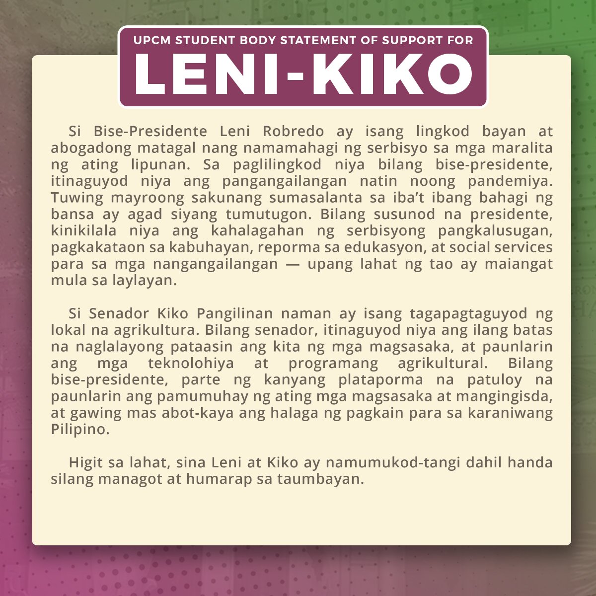 UPMedSC's tweet photo. [UPCM Student Body Statement of Support for Leni and Kiko]

Nagkakaisa ang mga estudyante ng UP College of Medicine sa pagtindig sa kandidatura nina Bise-Presidente Leni Robredo at Senador Kiko Pangilinan. Basahin ang buong pahayag dito: https://t.co/2gBjNcRRfs