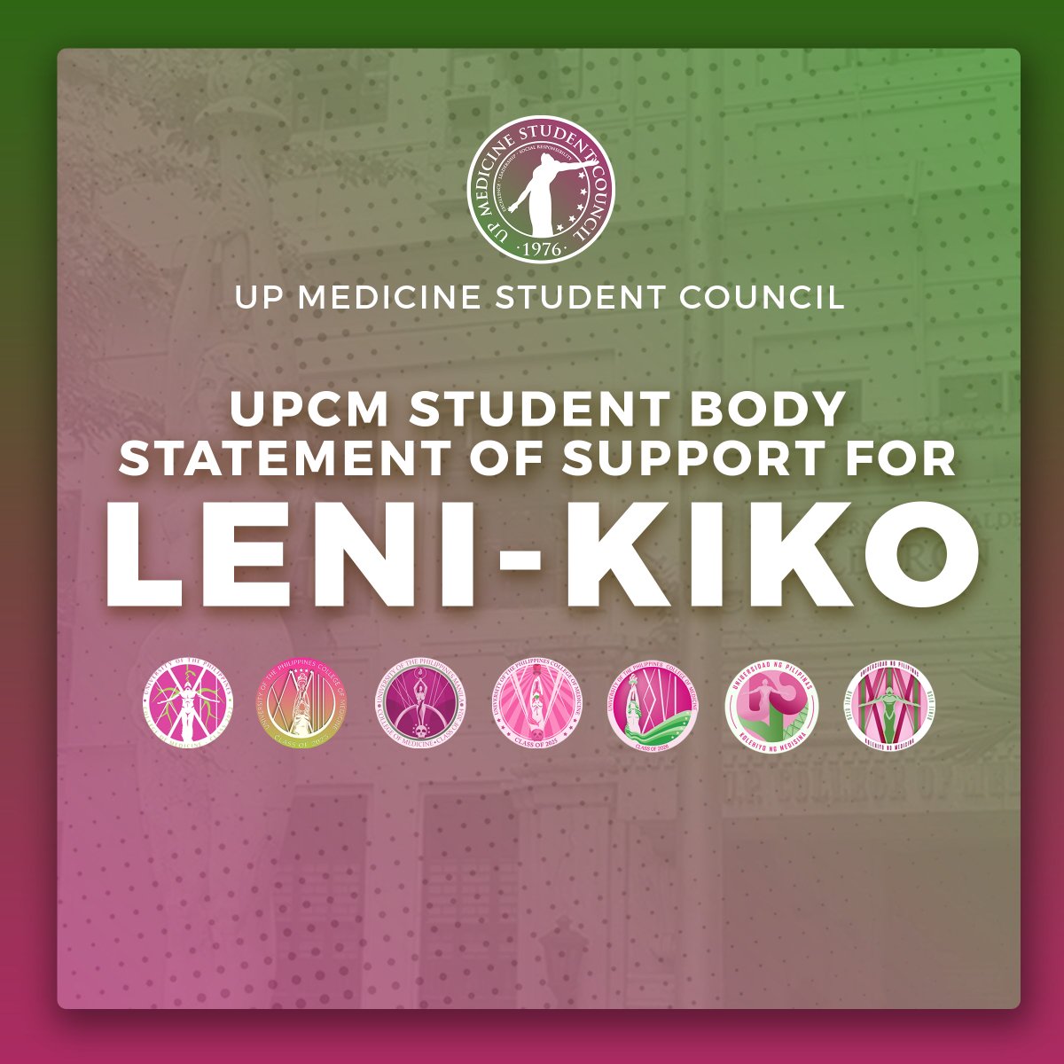 UPMedSC's tweet photo. [UPCM Student Body Statement of Support for Leni and Kiko]

Nagkakaisa ang mga estudyante ng UP College of Medicine sa pagtindig sa kandidatura nina Bise-Presidente Leni Robredo at Senador Kiko Pangilinan. Basahin ang buong pahayag dito: https://t.co/2gBjNcRRfs