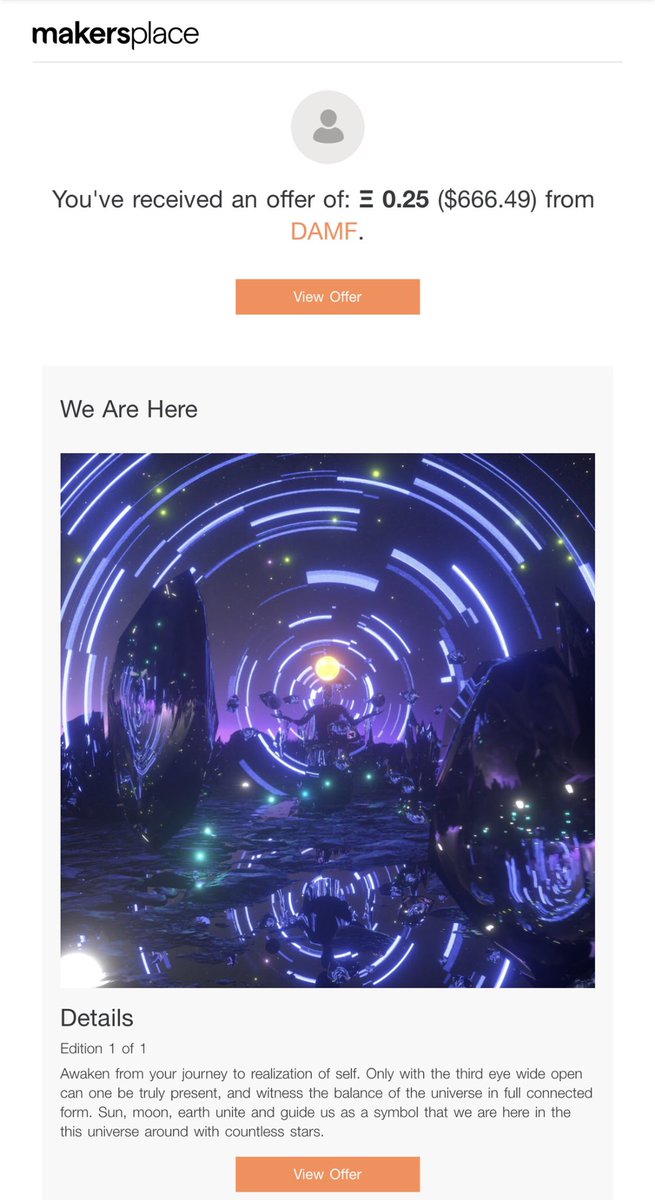 P3ychxnauT's tweet photo. Live offer on @makersplace “We Are Here” from #DAMF
Review artwork here : https://t.co/XMzOYOke9j
So surprise by see this 🫂🥳
Thanks to @makersplace that always make it feel like home and @jrdsctt who always help me and guide me through #nftcommunity
Forever be with #makersplace https://t.co/wJdw5MZsJP