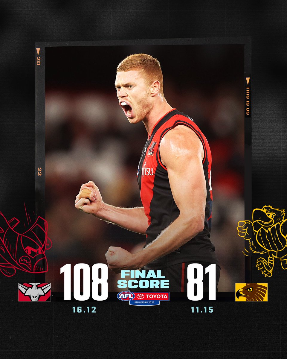 AFL's tweet photo. Five late outs. 
25 points down in the third quarter.

The Bombers booted eight goals to one in the final quarter to seal a famous victory 👏

#AFLDonsHawks match report: https://t.co/4eZREO7yHX https://t.co/HgsZ9LZu3R