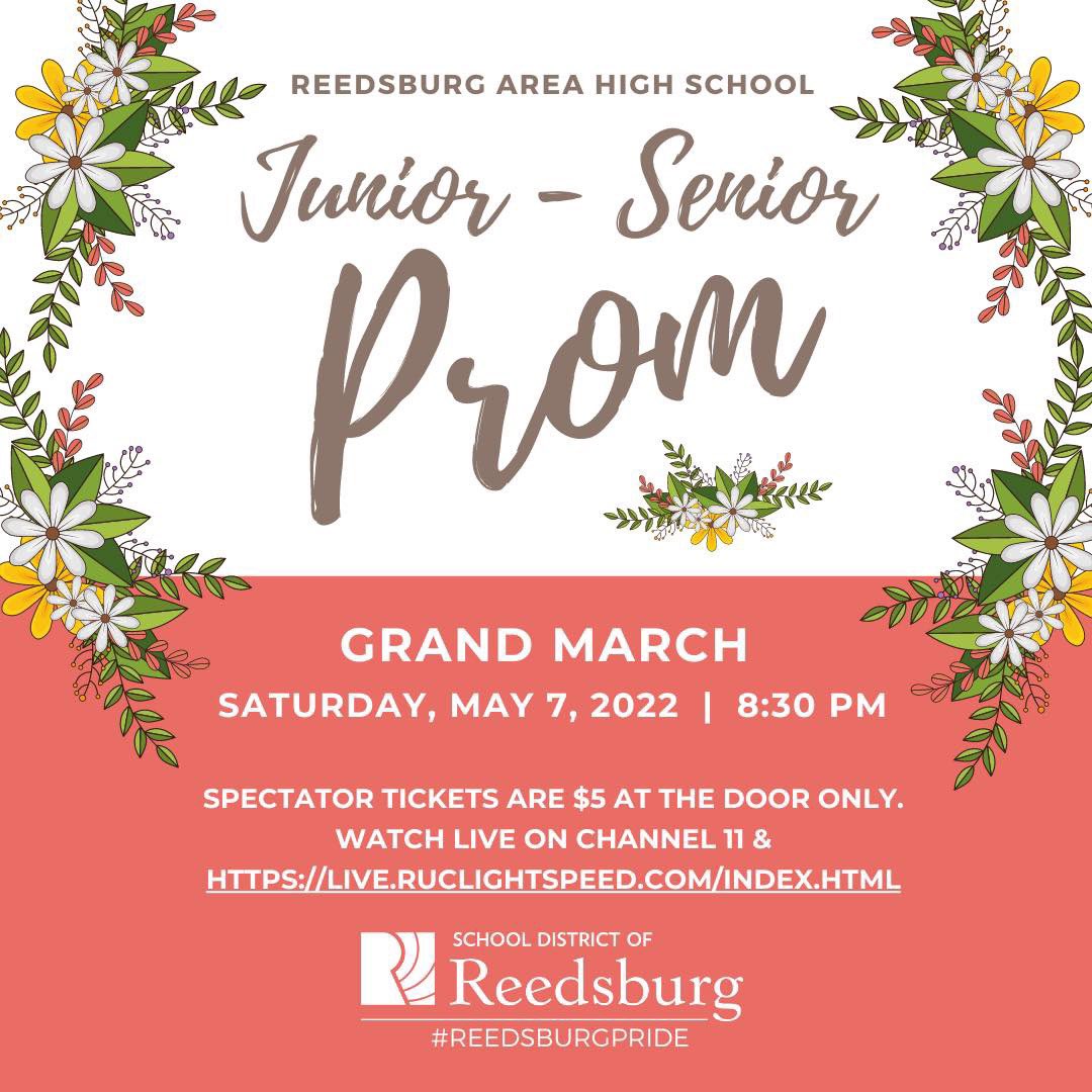 ReedsburgSD's tweet photo. The RAHS Prom Grand March is tonight at approximately 8:30 pm in the RAHS varsity gym. Spectator tickets are $5 at the door only. Watch it LIVE on channel 11 or https://t.co/C7ttmKRGZV.

#ReedsburgPride https://t.co/s6e0Y0ouLq