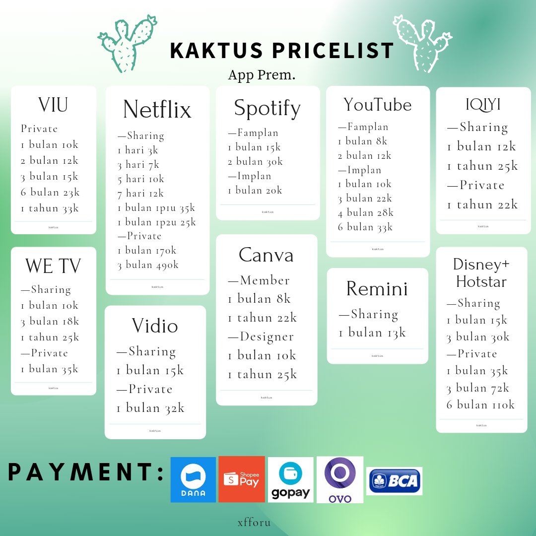 🌵Peeeep peeppp...

Halo, kaktus jual app prem nii dijamin [ trusted, full garansi, 100% aman dan legal ] 

Payment tertera digambar ya♡
Yuk langsung dm aja~

t. Netflix Spotify Canva Vidio Viu WeTv YouTube Iqiyi Disney+Hotstar premium sharing private #zonauang #zonajajan