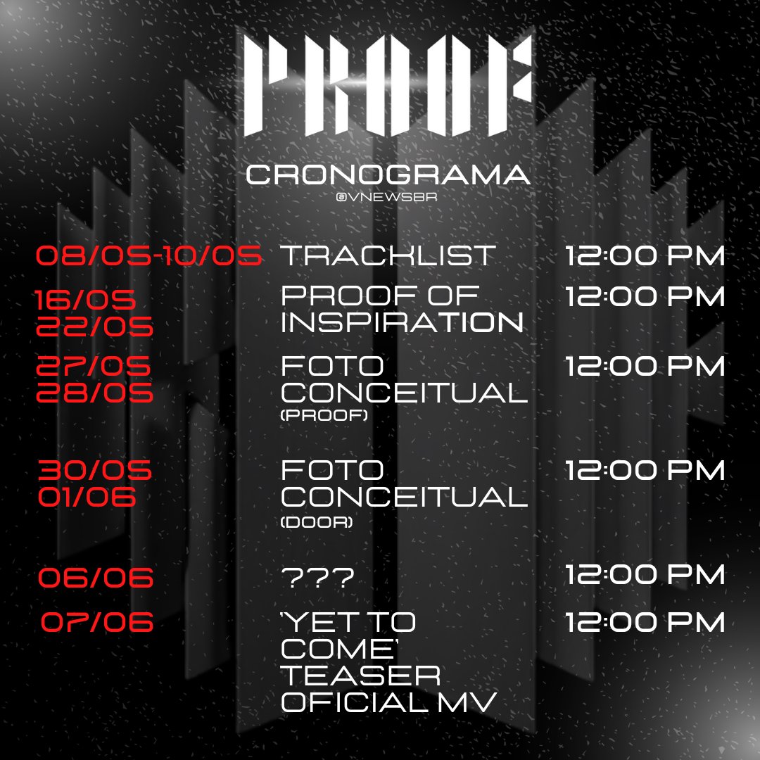 VNewsBr's tweet photo. ✨ • Cronograma de 'PROOF'

↪ De acordo com o horário de Brasília 🇧🇷

🌈 | @BTS_twt #BTS #방탄소년단 #BTS_Proof https://t.co/7FeZcXGWks