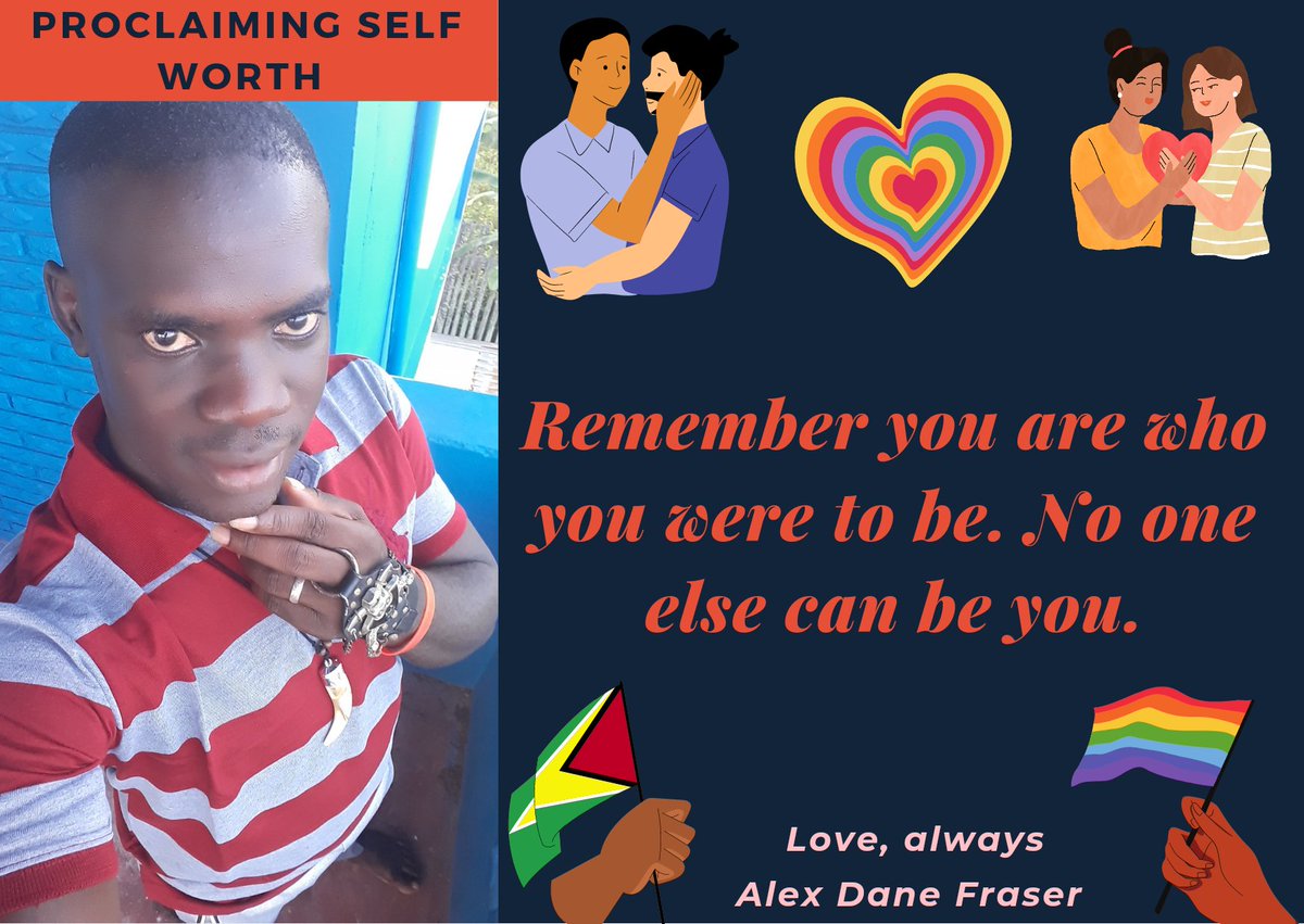 AlexDaneFraser's tweet photo. Remember we are all born different for a special reason.
Stop allowing others to change you, in becoming the person they want you to be.
You are perfect the way you are.
Yes, you are.
#Guyana #lgbtqpride #educators #awarenesschallenge #gayfriendly #TogetherAsOne #OneGuyana https://t.co/XLziNXsVpC