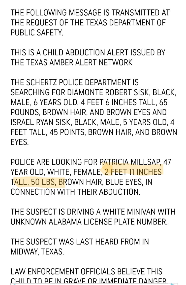 randomross's tweet image. Did y'all see the amber alert out of the San Antonio area this morning? Not to make light of this situation, but the suspect description seems unreal. And the 5 year old is apparently worth 45 points.