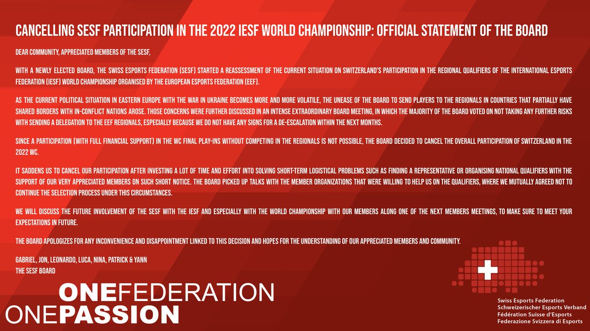 📢 Important information 📢

We are sad to announce that the SESF will not participate to the @IeSF_Master  World Championship 2022 edition. 
The whole SESF team would like to apologize for any inconvenience caused to its fellow members with this withdrawal.
See full statement⬇️