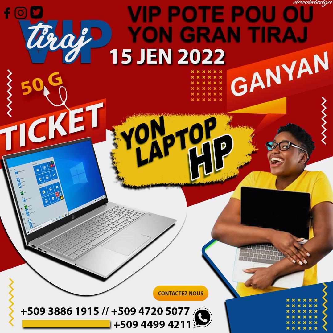 PlaisirRubly's tweet photo. #vip #tiraj #hp @HP patisipe nan tiraj VIP an pou sèlman 50g jwenn chans genyen yon laptòp HP 8 GB RAM 256 SSD... @RvLauture @RicardoPlaisir @DUF851 @designerley @bantou_91 https://t.co/JeUcpr6gyz