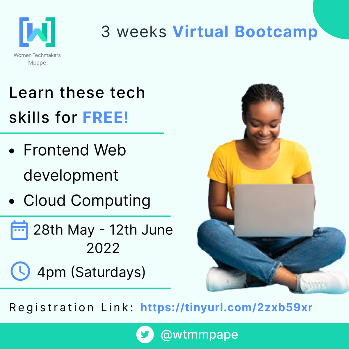 WTMMpape's tweet photo. We are happy to announce our Virtual Bootcamp organized by WTM Mpape. Register now to learn these tech skills for FREE!
Register here👉 https://t.co/EfDTKcdkZy https://t.co/xZNHfeJcdV