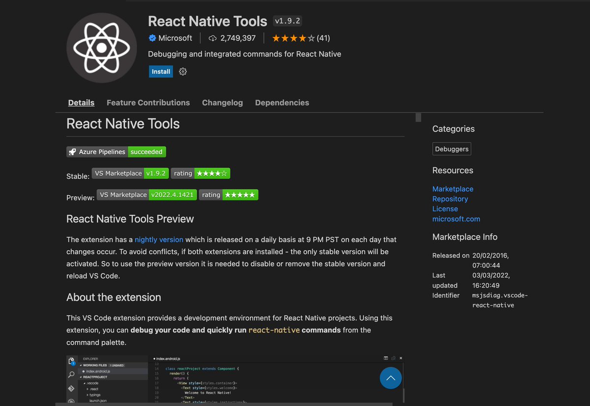 Vithikagupta2's tweet photo. What are the popular visual studio code extensions you have been using while working on
React Native Projects ? 
Do check out these if you haven't yet.
1) React-Native tools
2)React-Native/React/Redux snippets for es6/es7
3) Prettier Formatter
4)Material Icon theme
#learnwithme https://t.co/WTEwqupGFT