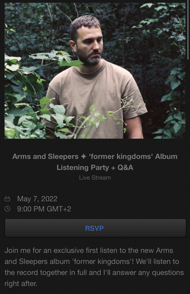 armsandsleepers's tweet photo. New album listening party is today / tonight!

RSVP: https://t.co/jIjFUFrsqL

#armsandsleepers #formerkingdoms #bandcamp #bandcamplivestream #albumpremiere #albumlisteningparty https://t.co/DOcDbAR1oQ