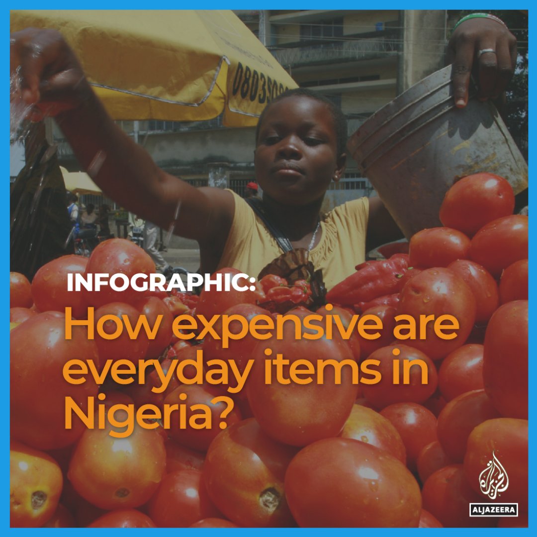 AJEnglish's tweet photo. Thread 🧵

How expensive are everyday items in Nigeria? 

We take a look at the prices of basic food commodities as Nigerians struggle through a record hike in inflation 👇

🔗: https://t.co/iUbPuCNTI1 https://t.co/L9v6TCjqIt