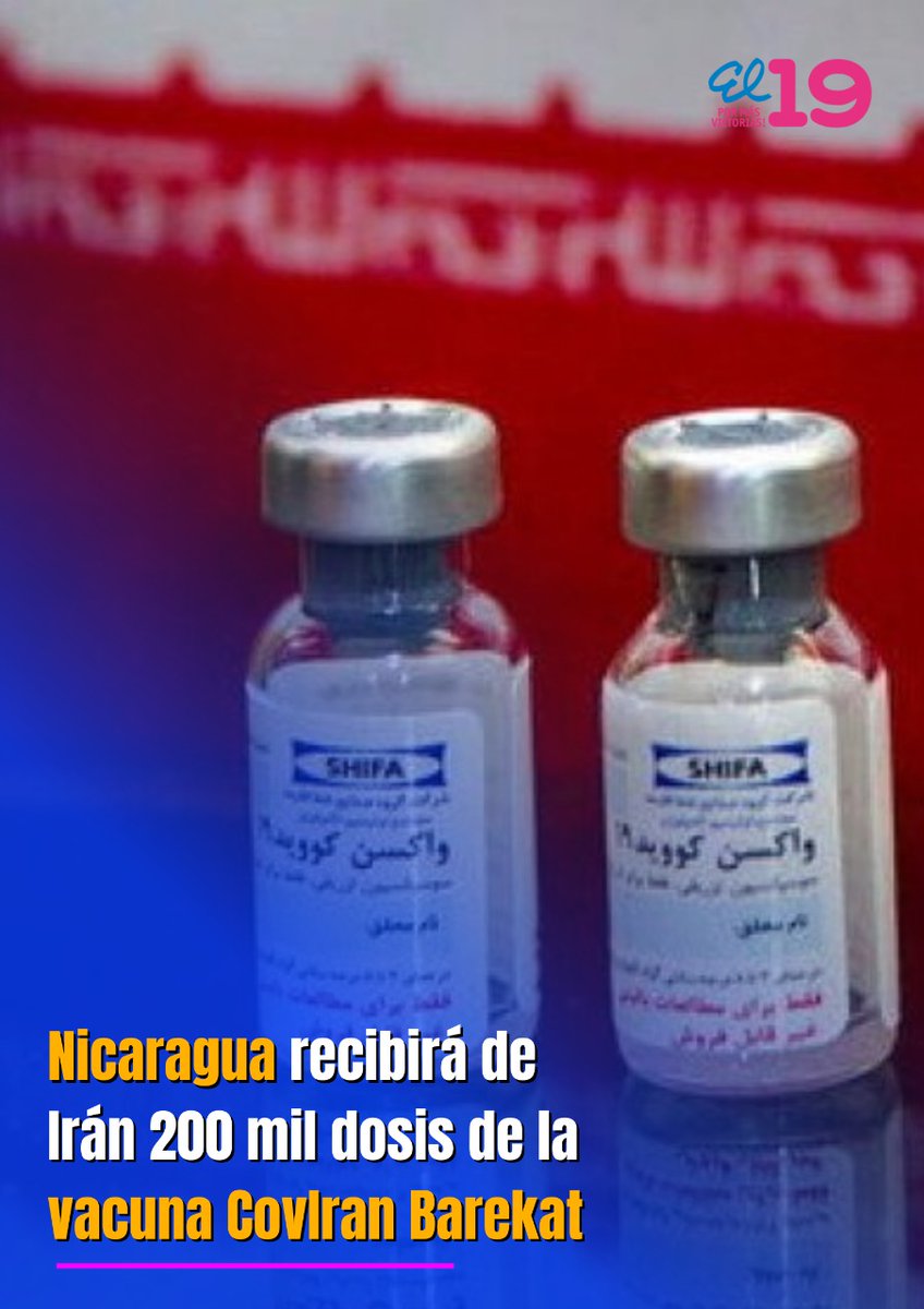 #VictoriasDeLaPaz

#Nicaragua 🇳🇮 recibirá de parte de Irán 🇮🇷, 200mil dosis de vacuna 💉 contra el Covid19

¡Seguimos dando la Batalla por la Salud del Pueblo!

#UnidosEnVictorias 
<a href="/MinsaNicaragua/">Ministerio de Salud Nicaragua</a> @MaresDOS2 <a href="/CaleroMariela/">Mariela Calero 🇳🇮</a>