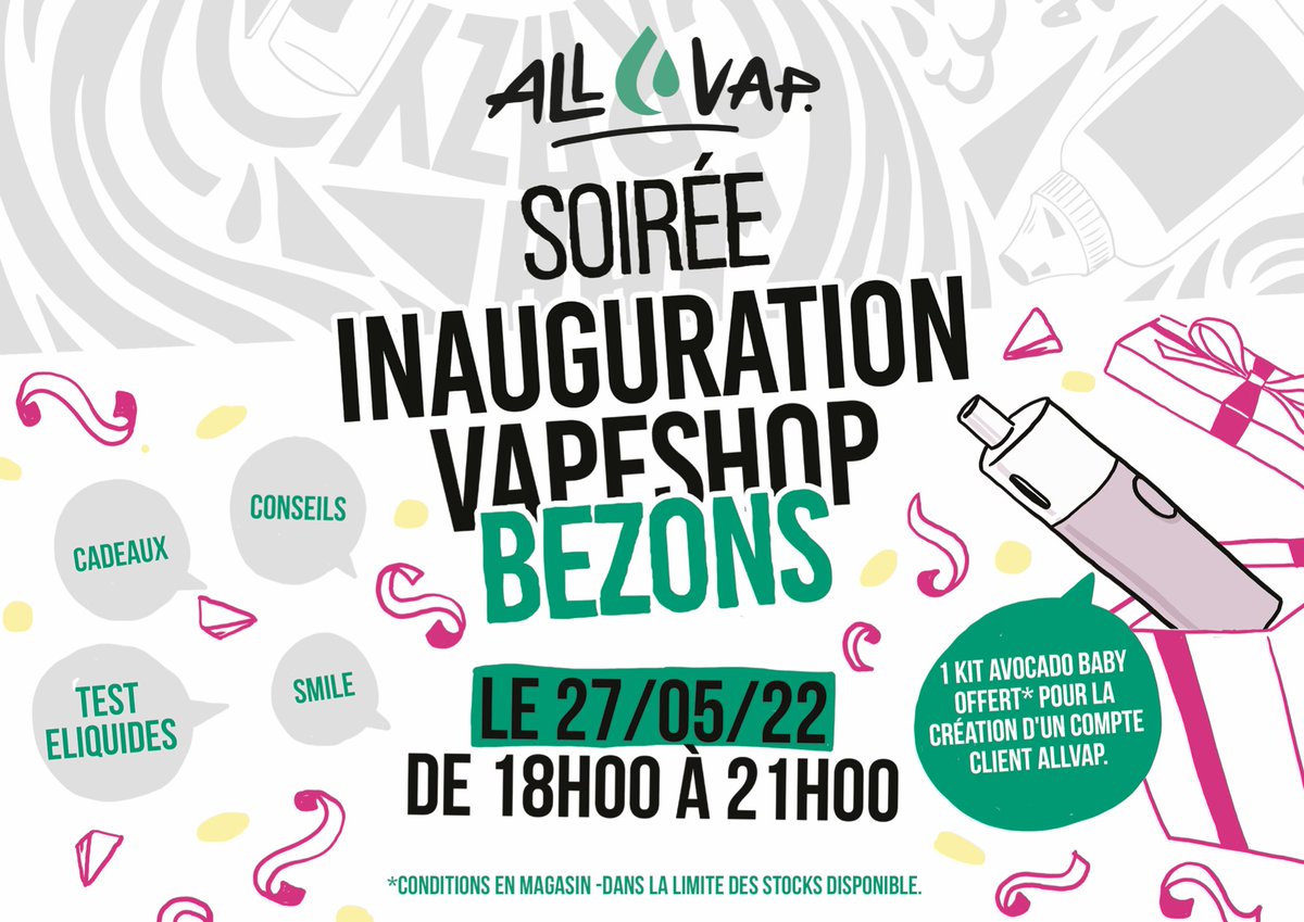 AllVap's tweet photo. 🎉 INAUGURATION ALLVAP BEZONS 🎉
LE 27 MAI 2022 de 18H à 21H - 7 mail Martin Luther King 95870 BEZONS. 
Smile - Conseils - Cocktails - Test de Eliquide - Cadeaux et plus encore... #allvap #ouverture #inauguration https://t.co/tENYAHBDRe