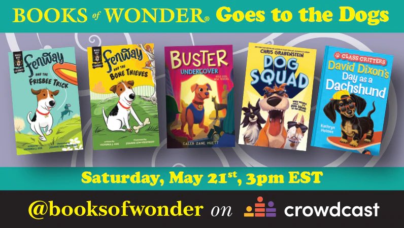 victoriajcoe's tweet photo. Hear those barks?! @BooksofWonder is going to the dogs!
Join me, @CGrabenstein, @Kathryn_Holmes, &amp; @CZaneH on Saturday, May 21st at 3pm ET for a (virtual) howling good time:
https://t.co/opdSW1CwRI (RSVP required) https://t.co/vCMaWB4484