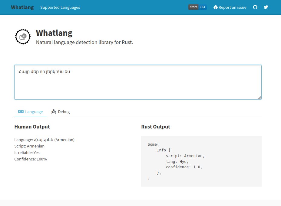 greyblake's tweet image. Whatlang now supports Armenian language!
github.com/greyblake/what…
whatlang.org

#rustlang #whatlang #opensource #github #NLP