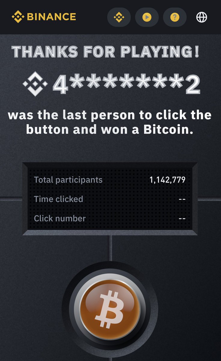 Adamdadbod's tweet image. Fin du #buttongame sur #binance, félicitations au gagnant du #bitcoin gratuit