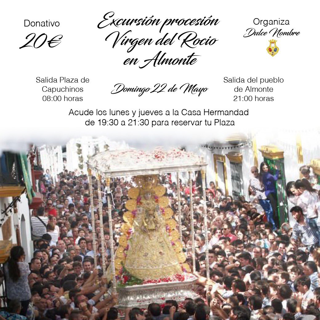 HdadDulceNombre's tweet photo. [VIAJA CON NOSOTROS 🚌] Este año visitaremos Almonte y la Aldea de El Rocío para ver en procesión a la Virgen del Rocío. Si estás interesado en asistir, acude a nuestra casa-hermandad para reservar tu plaza:
Lunes (19:30h-21:30h)
Jueves (19:30h-21:30h)
#CofradíasMLG #ElRocío https://t.co/rTbV3uTIUQ