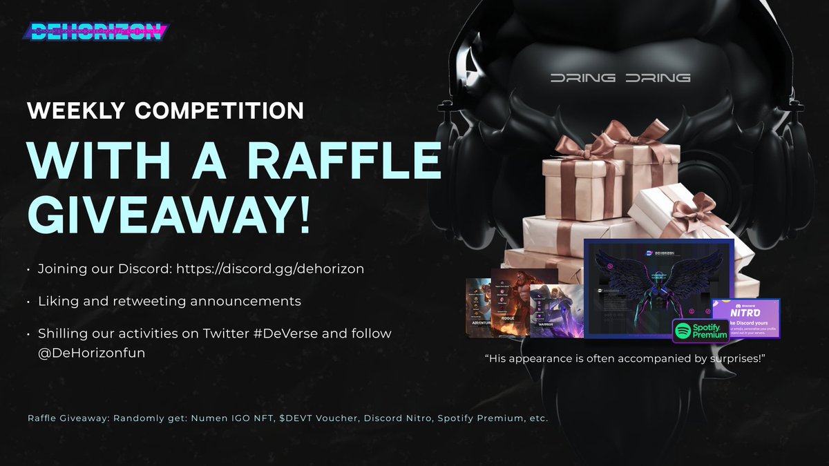 Join our Discord check #DringDring channel for the Raffle

📝 To be eligible: 
1. Follow <a href="/deversegame/">DeVerse</a>  
2. Shill it on Twitter hashtag #NFT #Gamefi #DeVerse  &amp; tag 3+ friends
4. Create DeVerse-related Meme to the #Memes channel.
5. Submit proofs by ticket via the #support channel