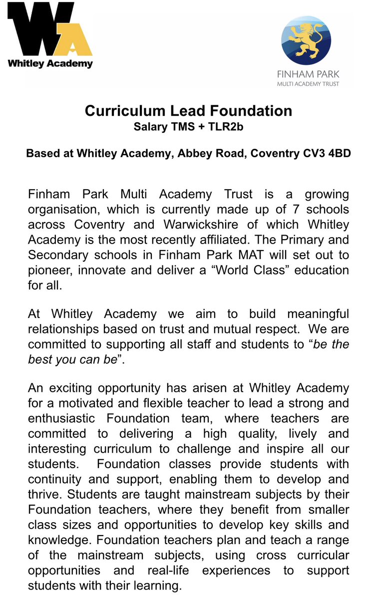 BPettman's tweet image. Due to internal promotions we have a number of Middle Leadership vacancies: Curriculum Leader for PE, Curriculum Leader MFL, Curriculum Leader Foundation. We are also looking for a maternity cover for Drama &Music. Please get in touch DM or @WhitleyAcademy1 @FinhamParkMAT /email