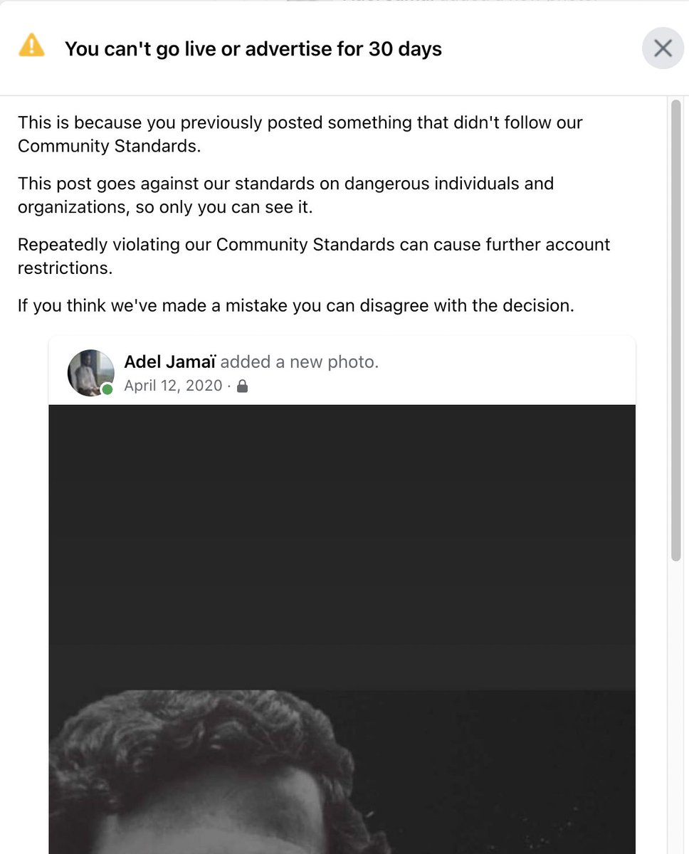 AdelJama1's tweet photo. What do you think about the new policy applied  ? ///
FB clowns claim that I am "violating community standards", ....FREEDOM
#facebook #policy #Freedom https://t.co/g3pUwnhYmm