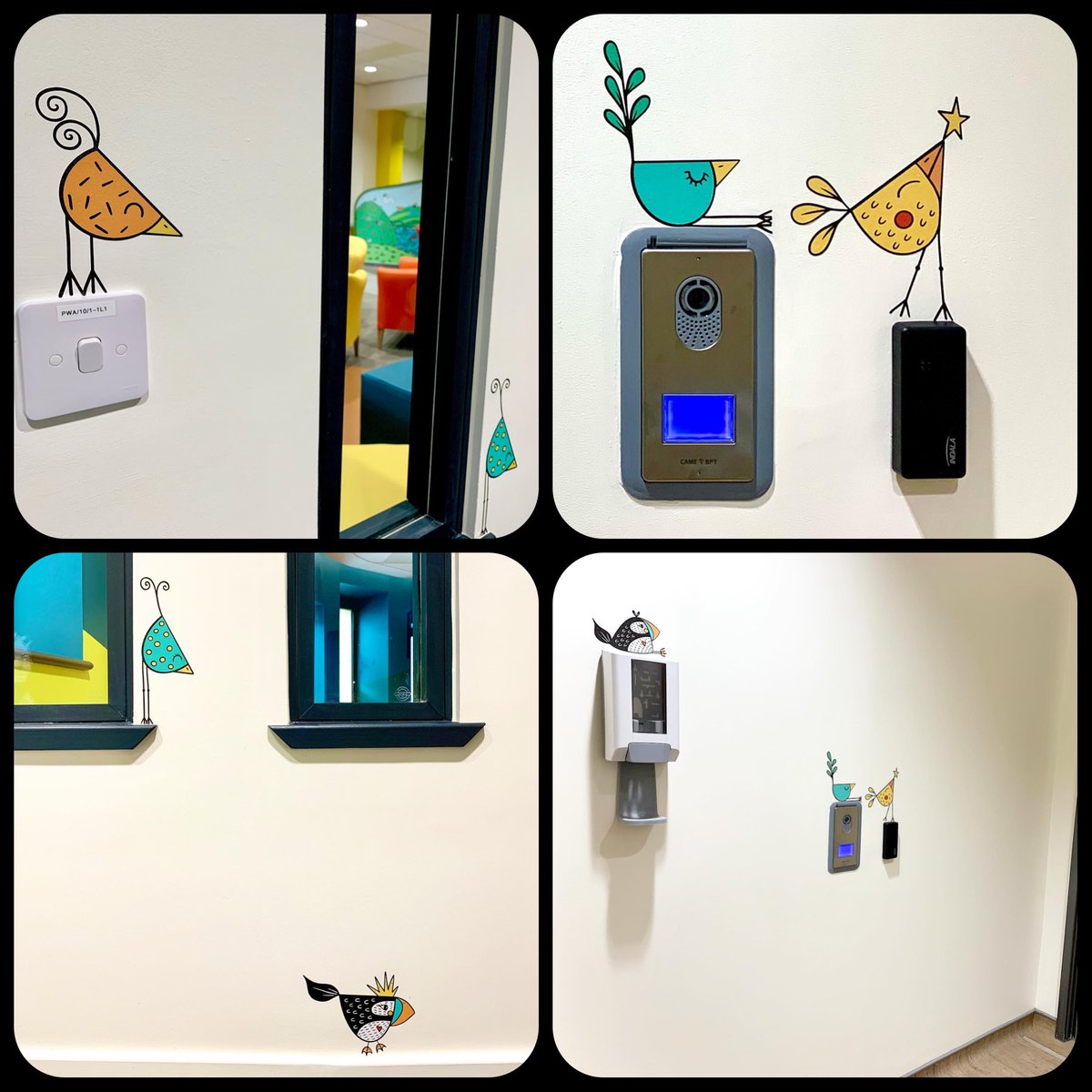 WhimSicALLusH's tweet photo. My flock of birds can be spotted capering about on top of switches, sills, even the sanitiser as they wait to meet everyone entering the Children’s Theatre Suite. They’ll act as wee guides for the children during their time there. Hopefully help ease any anxieties too #ctsproject https://t.co/ieLCqZ4hrR