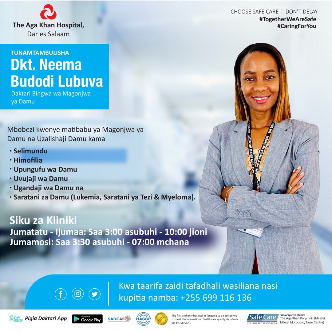 Meet Dr.Neema, consultant hematologist, every Monday to Friday from 9am and Saturday from 9:30am. For appointments call 0699 532 816.
#agakhanhospitaldsm #hematologist #hematology #blooddisorder #blooddiseases #sicklecell #anemia #Thalassaemia #bloodcancer #hemophilia #tanzania