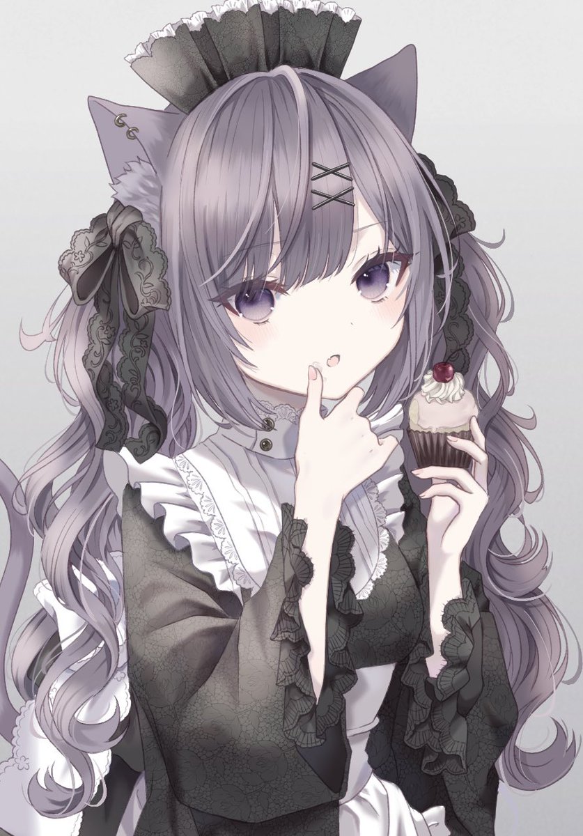1girl animal ears solo tail food cat ears long hair  illustration images