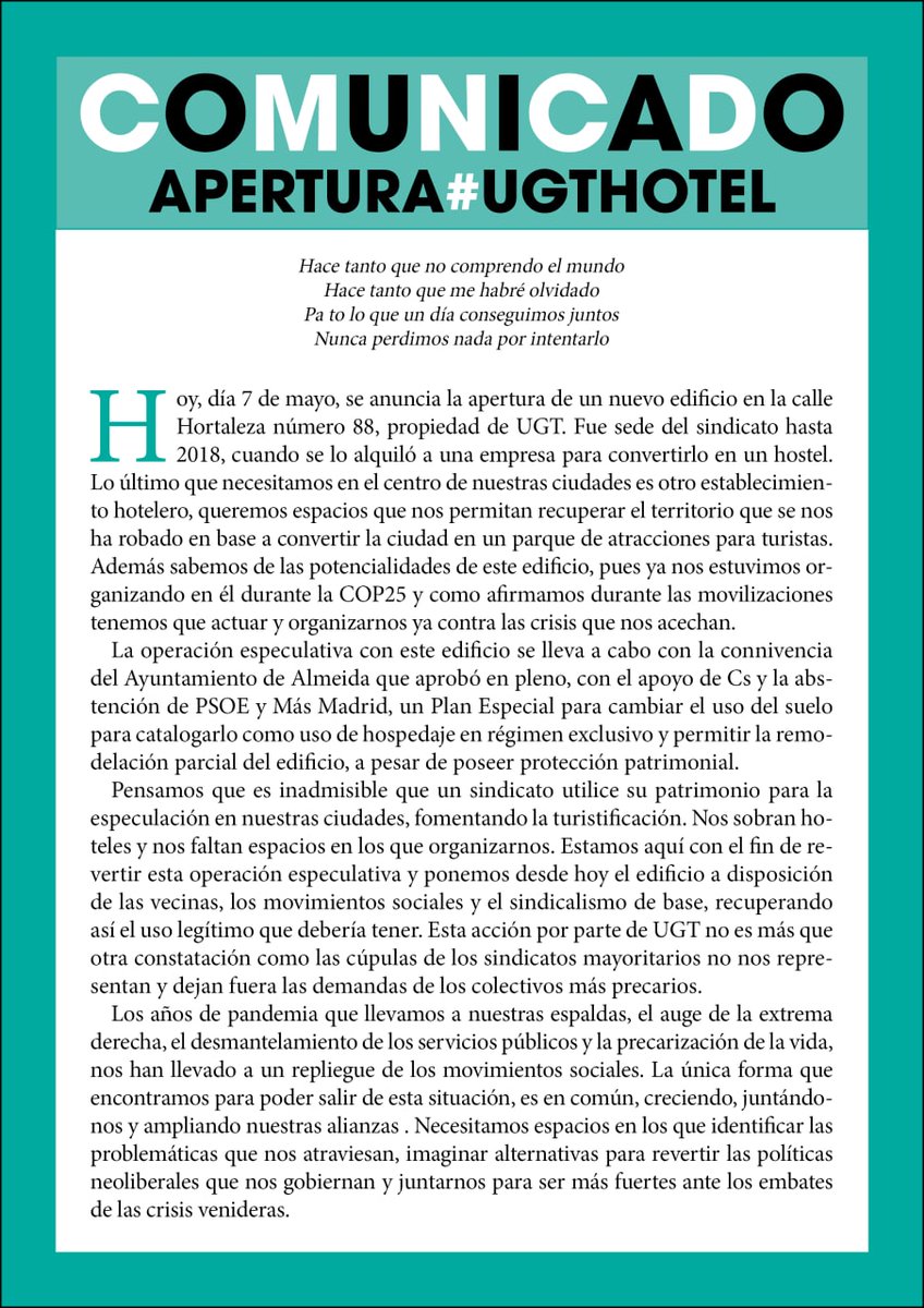2/ En este comunicado explicamos lo que ha pasado con este edificio histórico y nuestra demanda: que se paralice la construcción del #hotelUGT y el espacio se use para Centro Social de Madrid.

¿Vais a seguir promoviendo la especulación con nuestro patrimonio, @ugt_comunica?