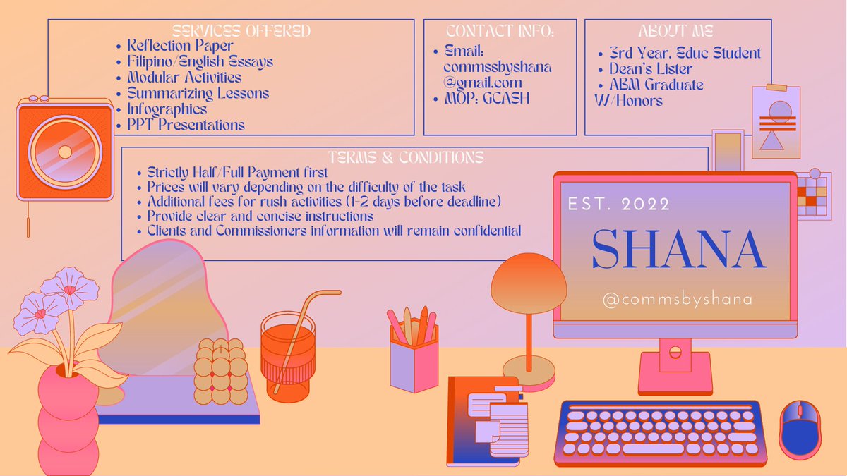 Hi I'm Shana ♡ 
Get to know me by checking out my commission sheet or slide through my dm to inquire. I'm always willing to help you out on your tasks. 
✧my rates are also negotiable :)

｡ﾟ•┈୨♡୧┈•ﾟ｡
feedbacks: #shanaproofs