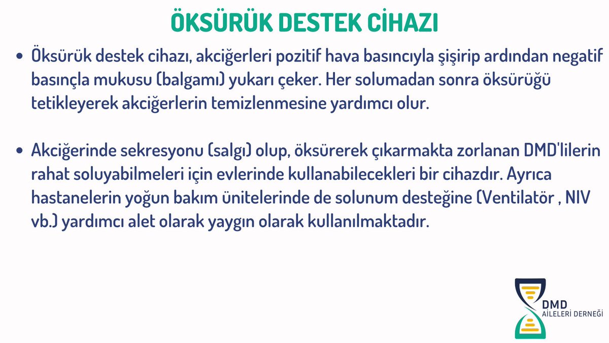 Dmd_aileleri's tweet photo. Öksürtme cihazı, solunum yollarını temizleyerek çocuklarımızın yaşama tutunmasını sağlar. DMD Aileleri Derneği olarak sizler için hazırladığımız özeti okuduktan sonra solunum fizyoterapisi ve öksürtme cihazı hakkında daha fazla bilgi için https://t.co/mymGs3bJuL izleyebilirsiniz. https://t.co/L0zfGcTdvG