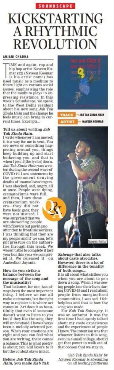 naveen_koomar's tweet photo. Spoke with @NewIndianXpress (@TheMornStandard ) about my music, and the new release ‘Jab Tak Zinda Hain’. Thanks for the story @AnjaniChadha @SiMiLater ! 

Cover Art- @siddheshgautam |
With @a9ney @prodbyvedang 

Link- https://t.co/sqFbE8Mg1O https://t.co/osRnibf8Ve