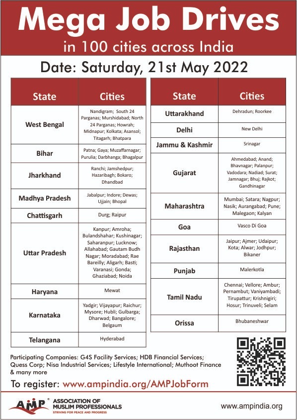 #Free Mega #Jobdrives in 100 cities across India on 21st May 2022 organized by <a href="/AmpIndia/">AMP India</a>

Mandatory: 10th Std pass &amp; 18 years above.

Details of cities &amp; companies participating refer artwork.

Don't miss the opportunity. Pl RT &amp; spread msg

Register: ampindia.org/AMPJobForm