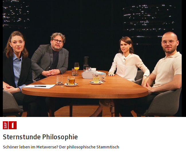AnnaNosthoff's tweet photo. Gestern war ich bei Sternstunde Philosophie zu Gast, um mit @dominik_erhard, @BarbaraBleisch und @WEilenberger über das Metaverse zu diskutieren. Die Sendung läuft morgen um 11 Uhr @srfkultur @srf. Es war sehr spannend – und eine Freude, dabei zu sein: https://t.co/KLpZxxAMOL https://t.co/gwOzBwYjMw
