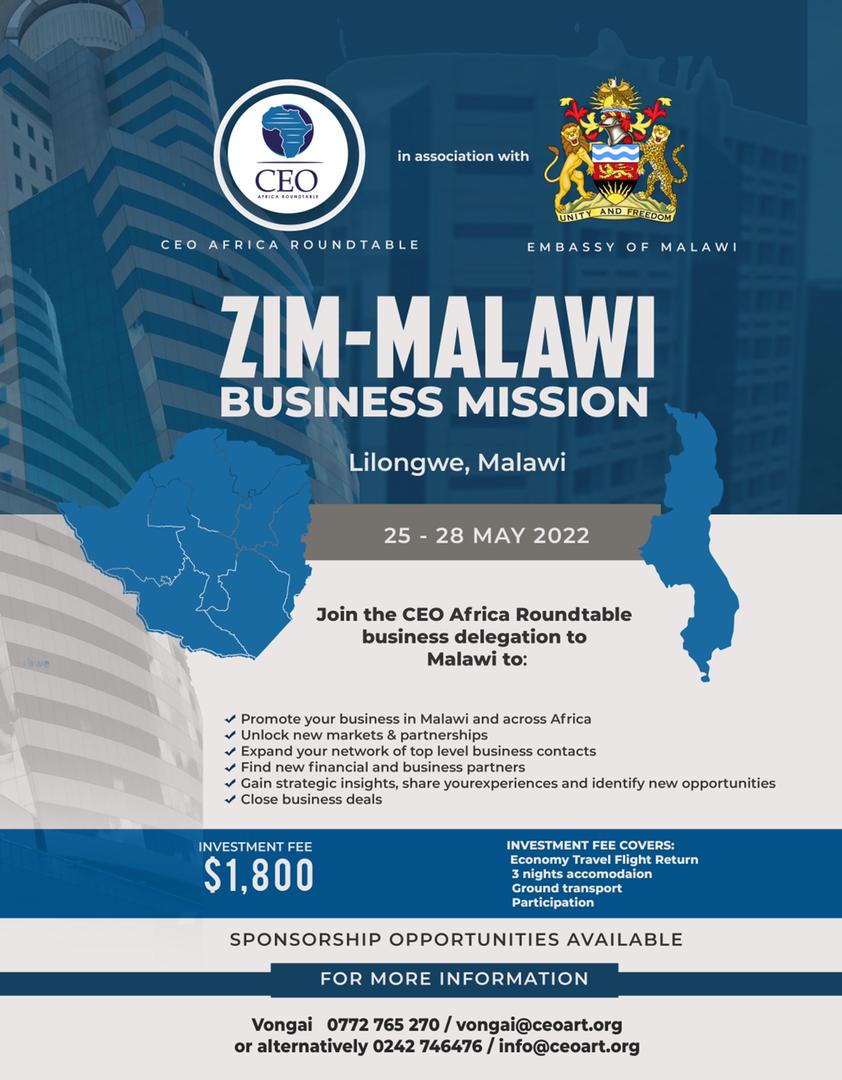 CEO_AfricaRT's tweet photo. The Zim-Malawi Business Mission gives you a golden opportunity to tap into new markets and forge new business partnerships. #Register to participate.
#ZIm-Malawi Business Mission #CEOART #Championing economic development https://t.co/HwV7qrFdgo