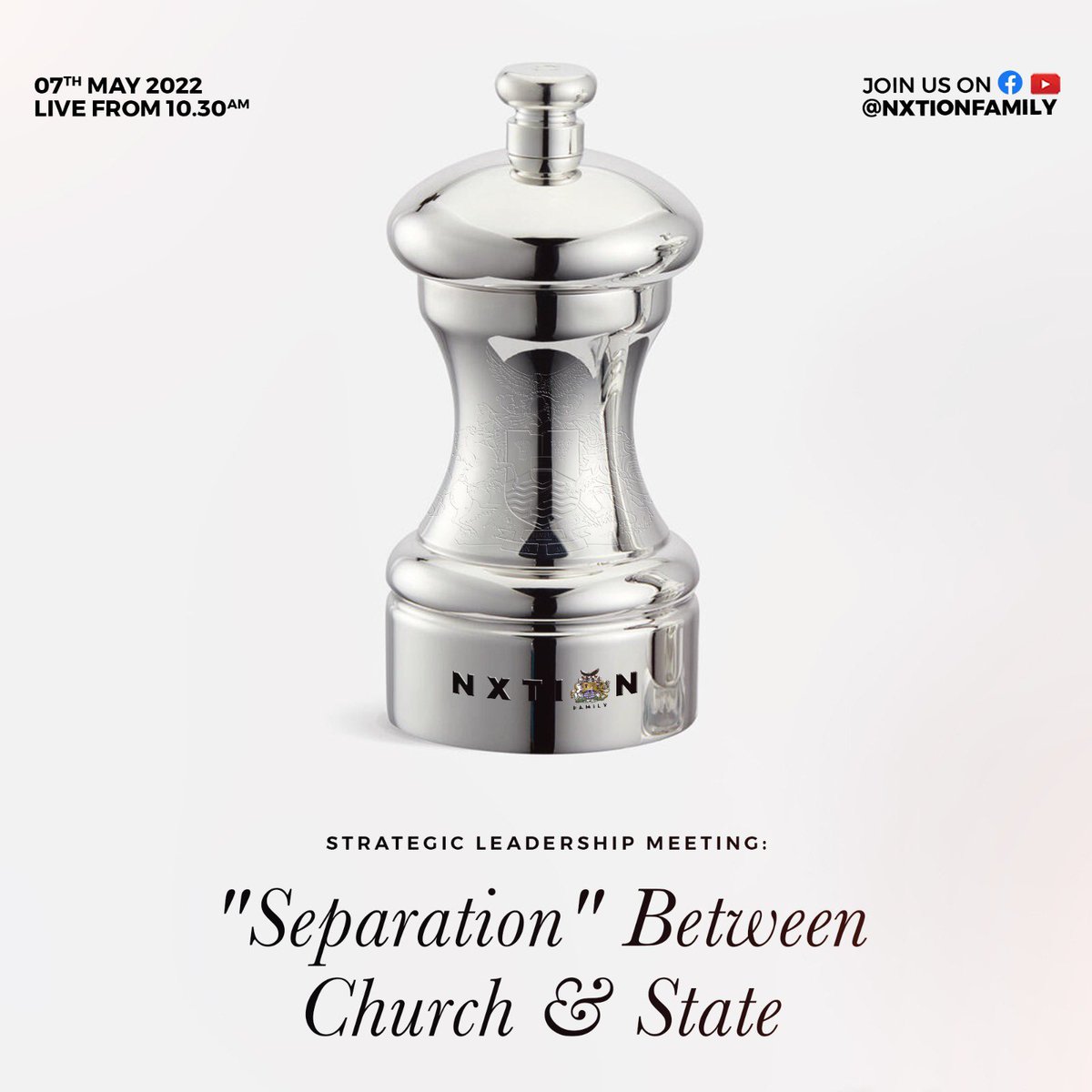 Join us live for today's leadership meeting titled " "Separation" between Church &amp; State". 

⏰: 10:30 am

Tune in from home from our streaming platform below 👇

YouTube: Nxtion Family TV

#NxtionFamily
#SPACNation