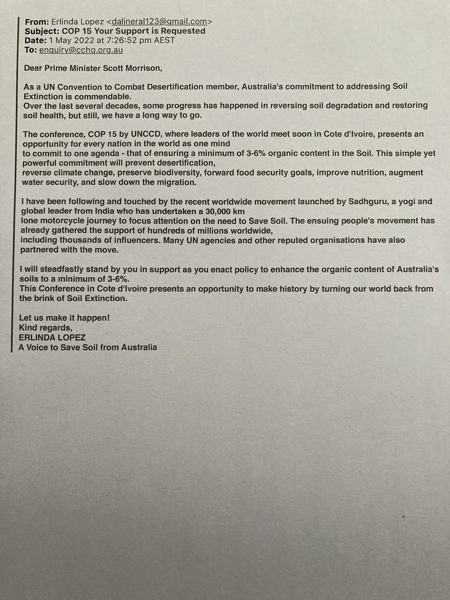 dalineral123's tweet photo. As a concerned citizen I wrote to our Primer Minister to request support for #UNCCDCOP15Savesoil https://t.co/evAEX957Eq