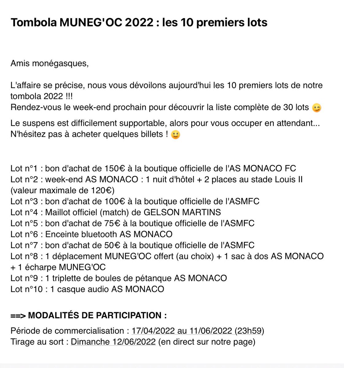 MunegOc's tweet photo. 🚨 C’est parti pour la tombola @MunegOc 2022 !! Plus de 30 lots à remporter dont voici les 10 premiers !! Toutes les modalités de participations !! Daghe MÛNEGU Daghe munegoc ! @AS_Monaco @CSMonaco @Munegu2607 @planeteasmfr @YanouASM @Yannick_Kmbl @MuneguV @ASMSUPPORTERSFR https://t.co/jSbTblLMO6