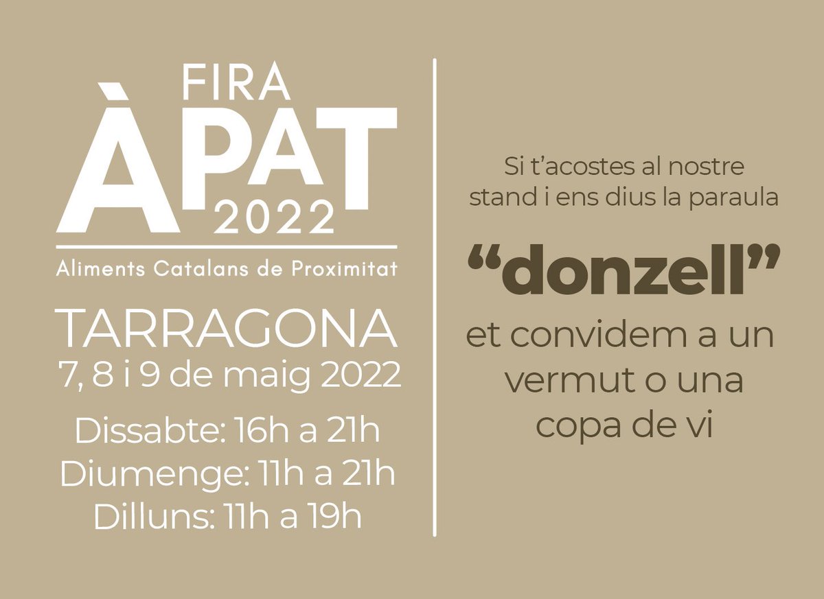 VermouthPadro's tweet photo. Visita’ns a @FiraAPAT Tarragona i si ens dius “donzell” et convidem a un vermut o un vi. 

Visítanos a @FiraAPAT Tarragona y si nos dices “donzell” te invitamos a un vermut o un vino.

#FiraÀPAT2022 #FiraÀPATTarragona #FiraAPAT https://t.co/jCtW579XzE