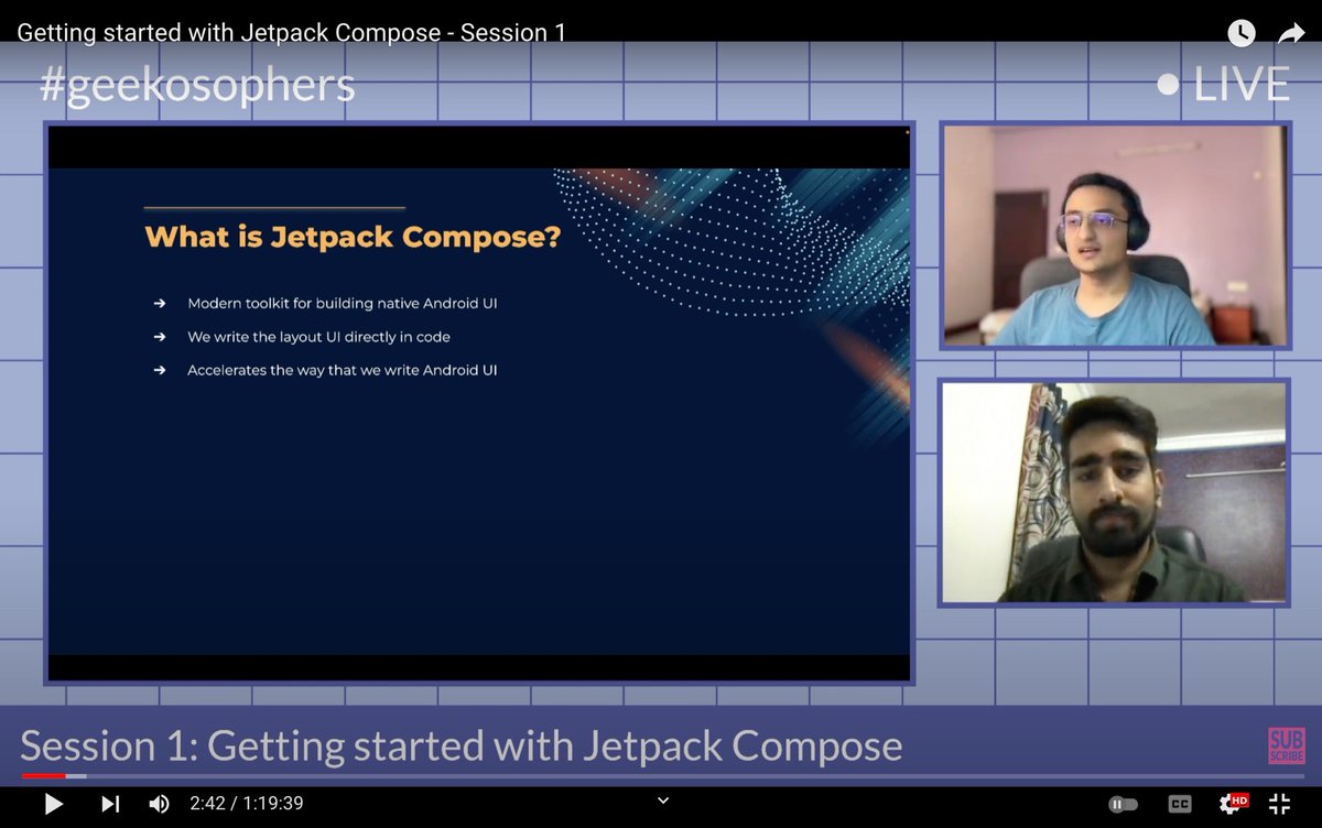 geekosophers's tweet photo. It was really fun and insightful session.
Kudos to the team 🎉 and thank you all for joining the session
In the 2nd session @ssindher11 will be coding a demo application putting the concepts taught today into action.
See you tomorrow at 12PM
#geekosopherstech
#JetpackCompose https://t.co/2JSFaOguRY