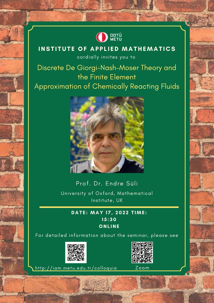 metu_iam's tweet photo. 📣 Colloquia Seminar: 
Discrete De Giorgi--Nash--Moser theory and the finite element approximation of chemically reacting fluids

Prof. Dr. Endre Süli
Mathematical Institute, University of Oxford, UK

📍 Zoom: https://t.co/t2WpRGWFsO
Date/Time: 17.05.2022 – 15:30 (GMT+3) https://t.co/abnrc17hEP