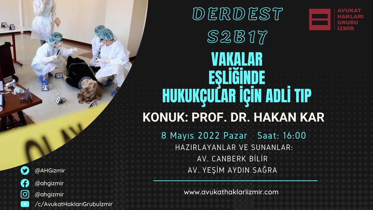 izmiravhareketi's tweet photo. Avukat Hakları Grubu İzmir tarafından pazar günleri aralıksız olarak devam ettirilen #Derdest programında bu hafta, Adli Tıp Uzmanı Prof. Dr. Hakan Kar’ı (@profdrhakankar) konuk ediyoruz.
Tüm yayınlarımız için 👇🏻
https://t.co/EuvCl7tBBP https://t.co/M0JvW06Z0j