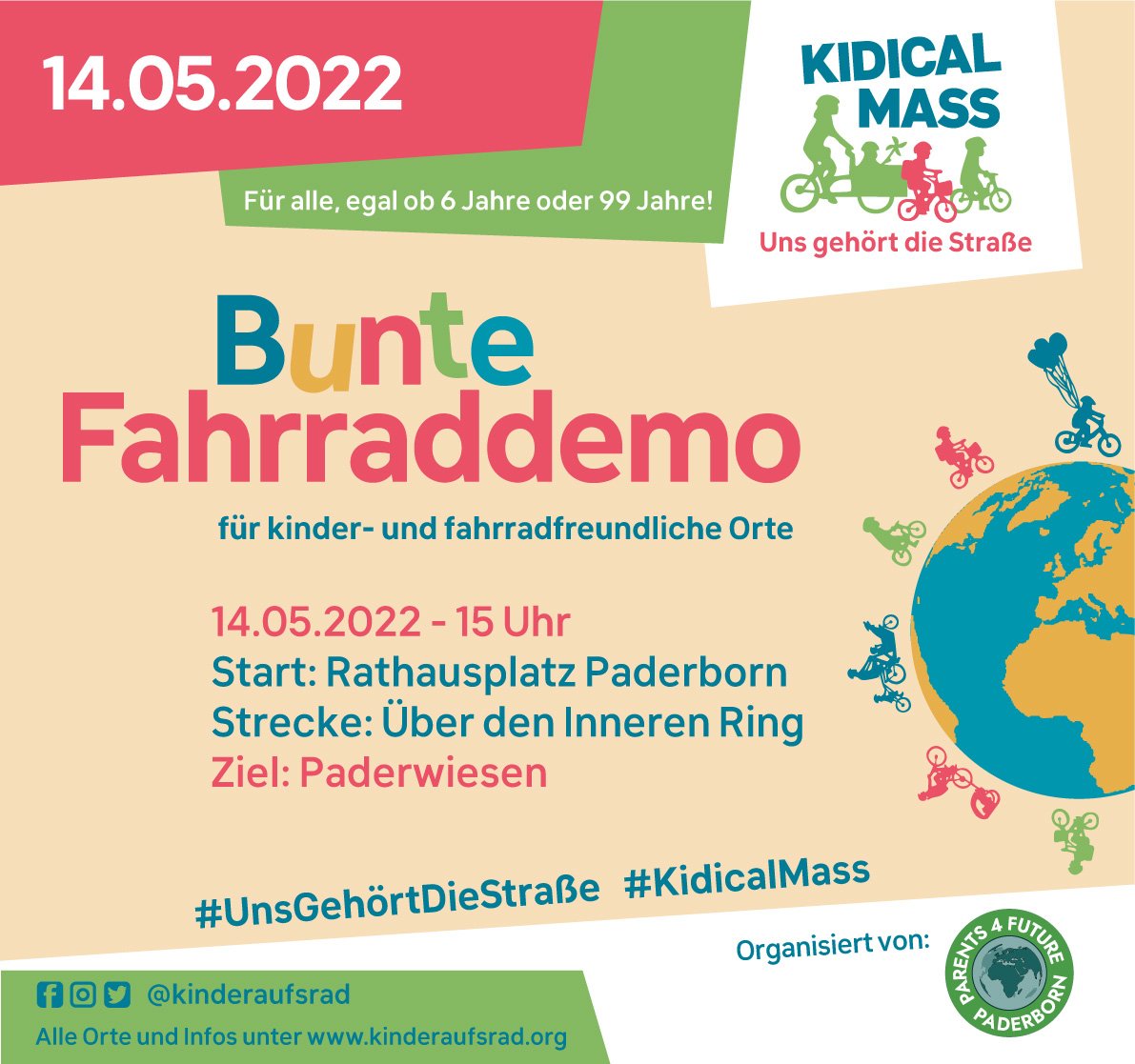 Wir am 14.5. ab 15 Uhr mit der ersten offiziellen Kidical Mass in #Paderborn unterwegs. Los geht es mitten in der Stadt vor dem Rathaus. Wir freuen uns auf viele kleine und große Radfahrende. #Verkehrswende #UnsGehörtDieStraße #KidicalMass